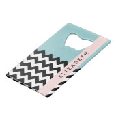 Zwart-wit Zigzag, Chevron, Blauw, Jouw naam Creditkaart Flessenopener (Achterkant Gekanteld)