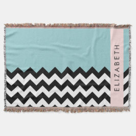 Zwart-wit Zigzag, Chevron, Blauw, Jouw naam Deken