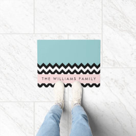 Zwart-wit Zigzag, Chevron, Blauw, Jouw naam Deurmat