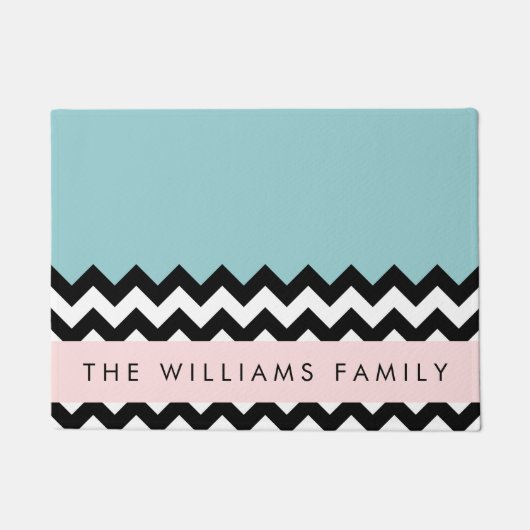 Zwart-wit Zigzag, Chevron, Blauw, Jouw naam Deurmat (Voorkant)