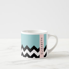 Zwart-wit Zigzag, Chevron, Blauw, Jouw naam Espresso Kop