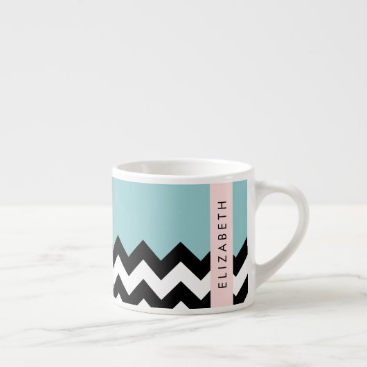 Zwart-wit Zigzag, Chevron, Blauw, Jouw naam Espresso Kop (Rechts)