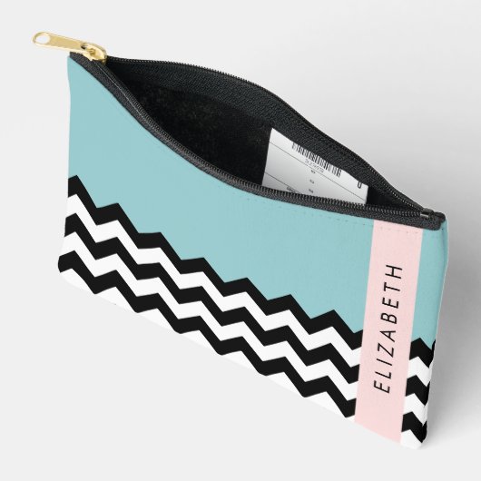 Zwart-wit Zigzag, Chevron, Blauw, Jouw naam Etui (Open)