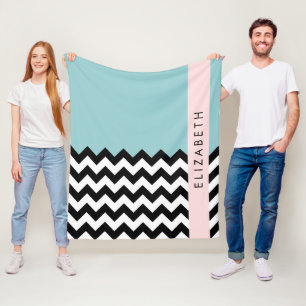 Zwart-wit Zigzag, Chevron, Blauw, Jouw naam Fleece Deken