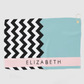 Zwart-wit Zigzag, Chevron, Blauw, Jouw naam Golfhanddoek (Horizontaal)