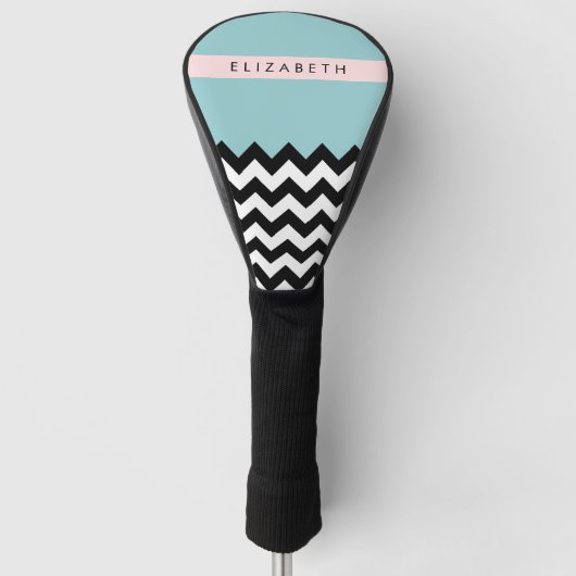 Zwart-wit Zigzag, Chevron, Blauw, Jouw naam Golfheadcover (Voorkant)