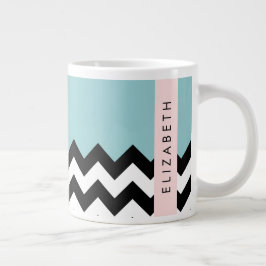 Zwart-wit Zigzag, Chevron, Blauw, Jouw naam Grote Koffiekop