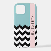Zwart-wit Zigzag, Chevron, Blauw, Jouw naam iPhone Hoesje (Achterkant)