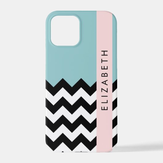 Zwart-wit Zigzag, Chevron, Blauw, Jouw naam iPhone Hoesje (Achterkant)