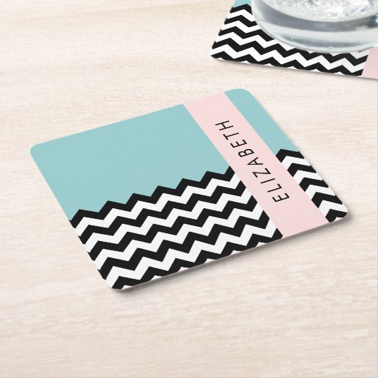 Zwart-wit Zigzag, Chevron, Blauw, Jouw naam Kartonnen Onderzetters (Schuin)