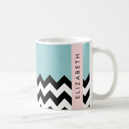 Zwart-wit Zigzag, Chevron, Blauw, Jouw naam Koffiemok
