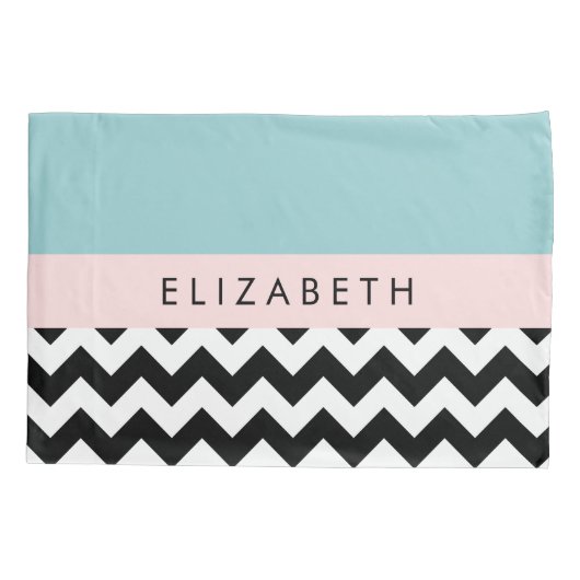 Zwart-wit Zigzag, Chevron, Blauw, Jouw naam Kussensloop (Achterkant)