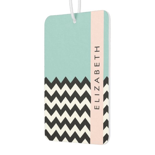 Zwart-wit Zigzag, Chevron, Blauw, Jouw naam Luchtverfrisser (Links)