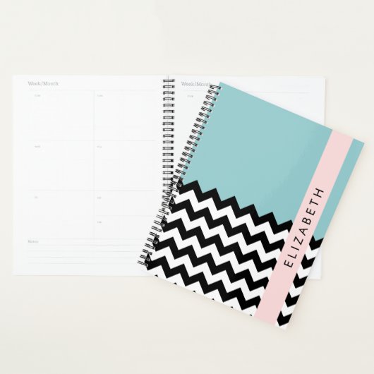 Zwart-wit Zigzag, Chevron, Blauw, Jouw naam Planner (Display)