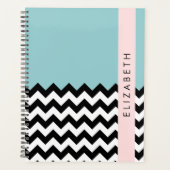 Zwart-wit Zigzag, Chevron, Blauw, Jouw naam Planner (Voorkant)
