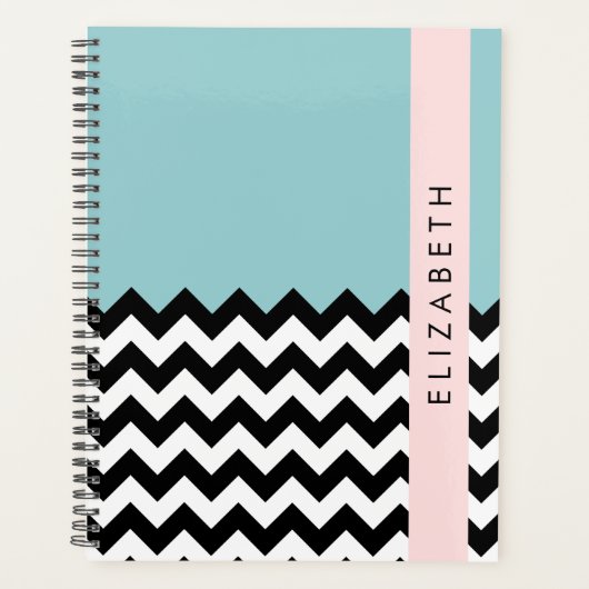 Zwart-wit Zigzag, Chevron, Blauw, Jouw naam Planner (Voorkant)