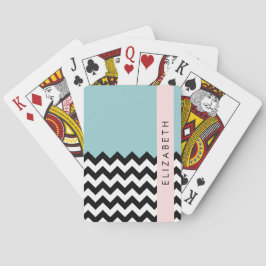 Zwart-wit Zigzag, Chevron, Blauw, Jouw naam Pokerkaarten