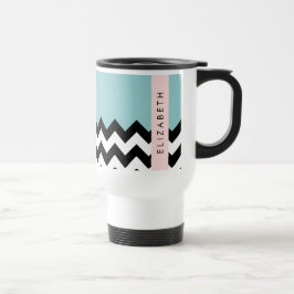 Zwart-wit Zigzag, Chevron, Blauw, Jouw naam Reisbeker
