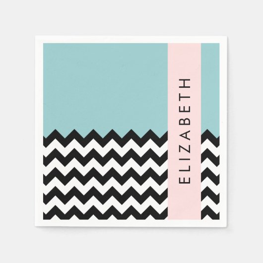 Zwart-wit Zigzag, Chevron, Blauw, Jouw naam Servet (Voorkant)