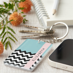Zwart-wit Zigzag, Chevron, Blauw, Jouw naam Sleutelhanger