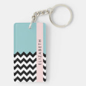 Zwart-wit Zigzag, Chevron, Blauw, Jouw naam Sleutelhanger (achterkant)