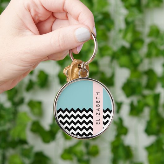 Zwart-wit Zigzag, Chevron, Blauw, Jouw naam Sleutelhanger (Hand)