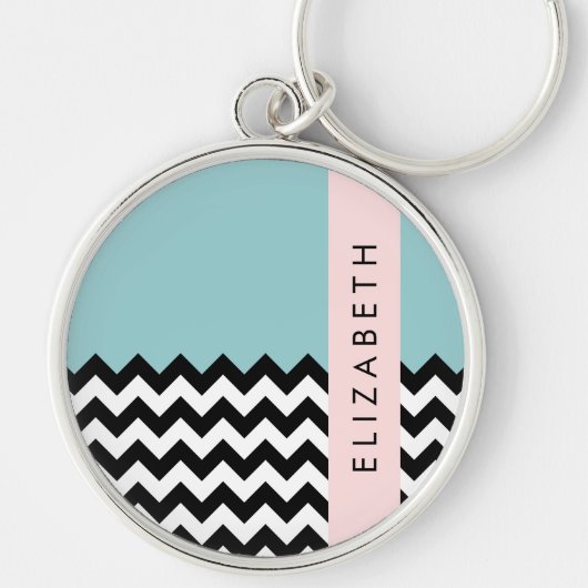 Zwart-wit Zigzag, Chevron, Blauw, Jouw naam Sleutelhanger (Voorkant)