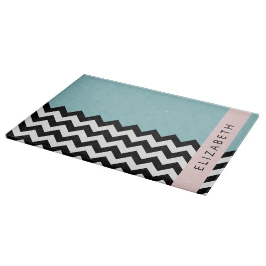 Zwart-wit Zigzag, Chevron, Blauw, Jouw naam Snijplank (Hoek)