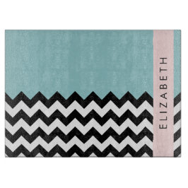 Zwart-wit Zigzag, Chevron, Blauw, Jouw naam Snijplank