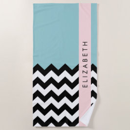 Zwart-wit Zigzag, Chevron, Blauw, Jouw naam Strandlaken