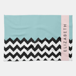 Zwart-wit Zigzag, Chevron, Blauw, Jouw naam Theedoek