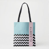 Zwart-wit Zigzag, Chevron, Blauw, Jouw naam Tote Bag (Voorkant)