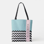 Zwart-wit Zigzag, Chevron, Blauw, Jouw naam Tote Bag (Achterkant)