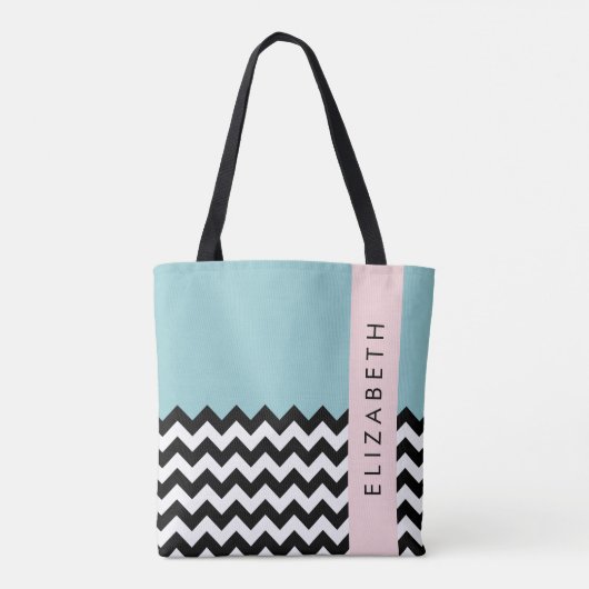 Zwart-wit Zigzag, Chevron, Blauw, Jouw naam Tote Bag (Achterkant)
