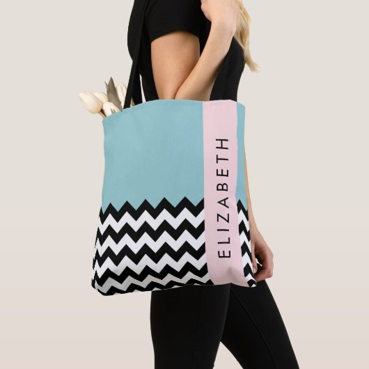Zwart-wit Zigzag, Chevron, Blauw, Jouw naam Tote Bag (Dichtbij)