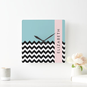 Zwart-wit Zigzag, Chevron, Blauw, Jouw naam Vierkante Klok