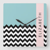 Zwart-wit Zigzag, Chevron, Blauw, Jouw naam Vierkante Klok (Voorkant)
