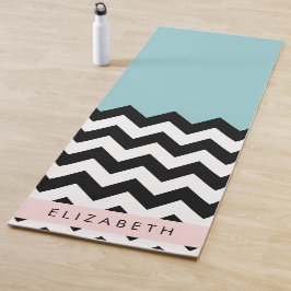 Zwart-wit Zigzag, Chevron, Blauw, Jouw naam Yogamat
