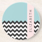 Zwart-wit Zigzag, Chevron, Blauw, Jouw naam Zandsteen Onderzetter (Voorkant)