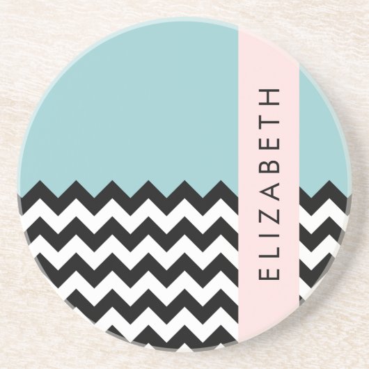 Zwart-wit Zigzag, Chevron, Blauw, Jouw naam Zandsteen Onderzetter (Voorkant)