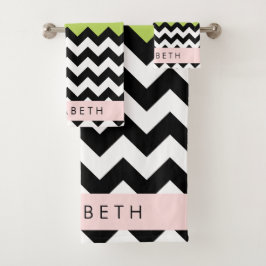 Zwart-wit Zigzag, Chevron, Groen, Jouw naam Bad Handdoek