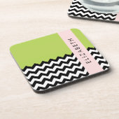 Zwart-wit Zigzag, Chevron, Groen, Jouw naam Bier Onderzetter (Linkerzijde)
