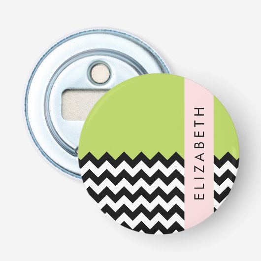 Zwart-wit Zigzag, Chevron, Groen, Jouw naam Button Flesopener (Voorkant)