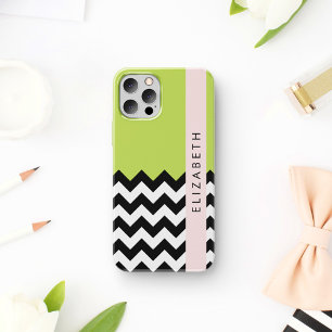 Zwart-wit Zigzag, Chevron, Groen, Jouw naam Case-Mate iPhone Case