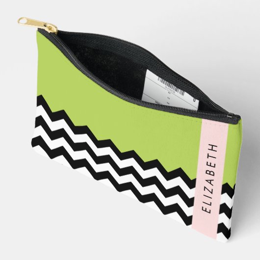 Zwart-wit Zigzag, Chevron, Groen, Jouw naam Etui (Open)