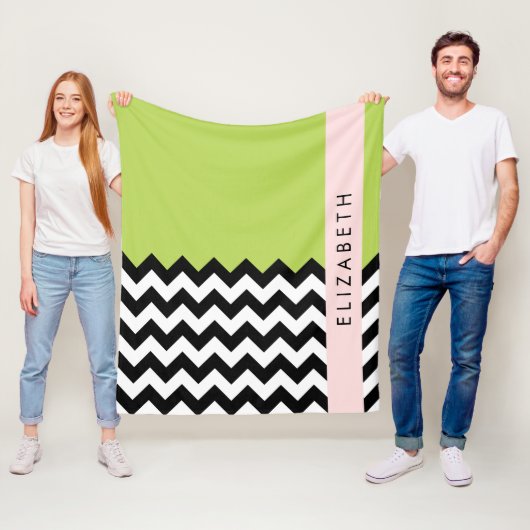 Zwart-wit Zigzag, Chevron, Groen, Jouw naam Fleece Deken (In situ)