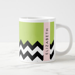 Zwart-wit Zigzag, Chevron, Groen, Jouw naam Grote Koffiekop