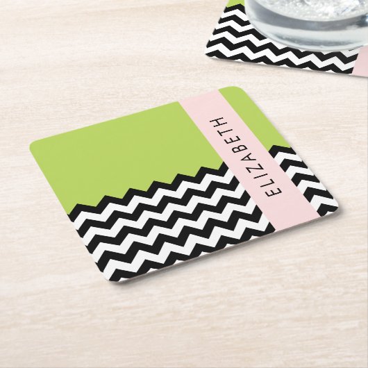 Zwart-wit Zigzag, Chevron, Groen, Jouw naam Kartonnen Onderzetters (Schuin)