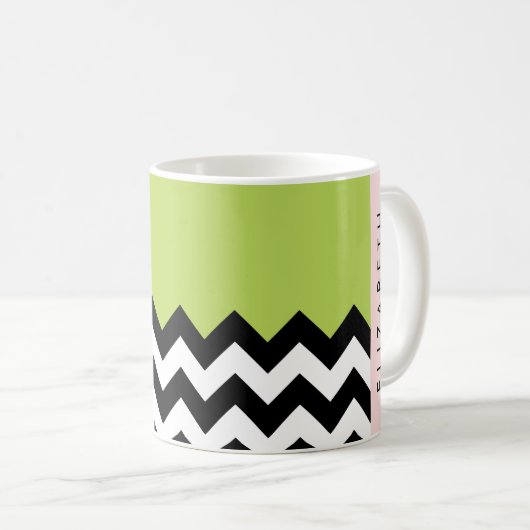 Zwart-wit Zigzag, Chevron, Groen, Jouw naam Koffiemok (Voorkant rechts)