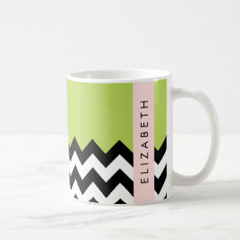 Zwart-wit Zigzag, Chevron, Groen, Jouw naam Koffiemok